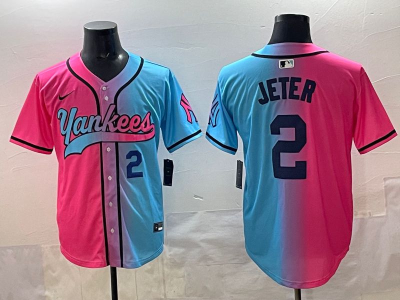 Men New York Yankees 2 Jeter Blue pink Game 2025 Nike MLB Jersey style 003